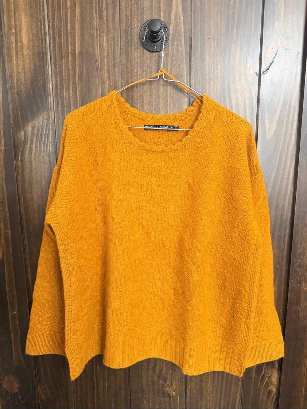 Textured Crewneck Sweater w/ Scalloped Neckline-Mustard Yellow-Size: Medium